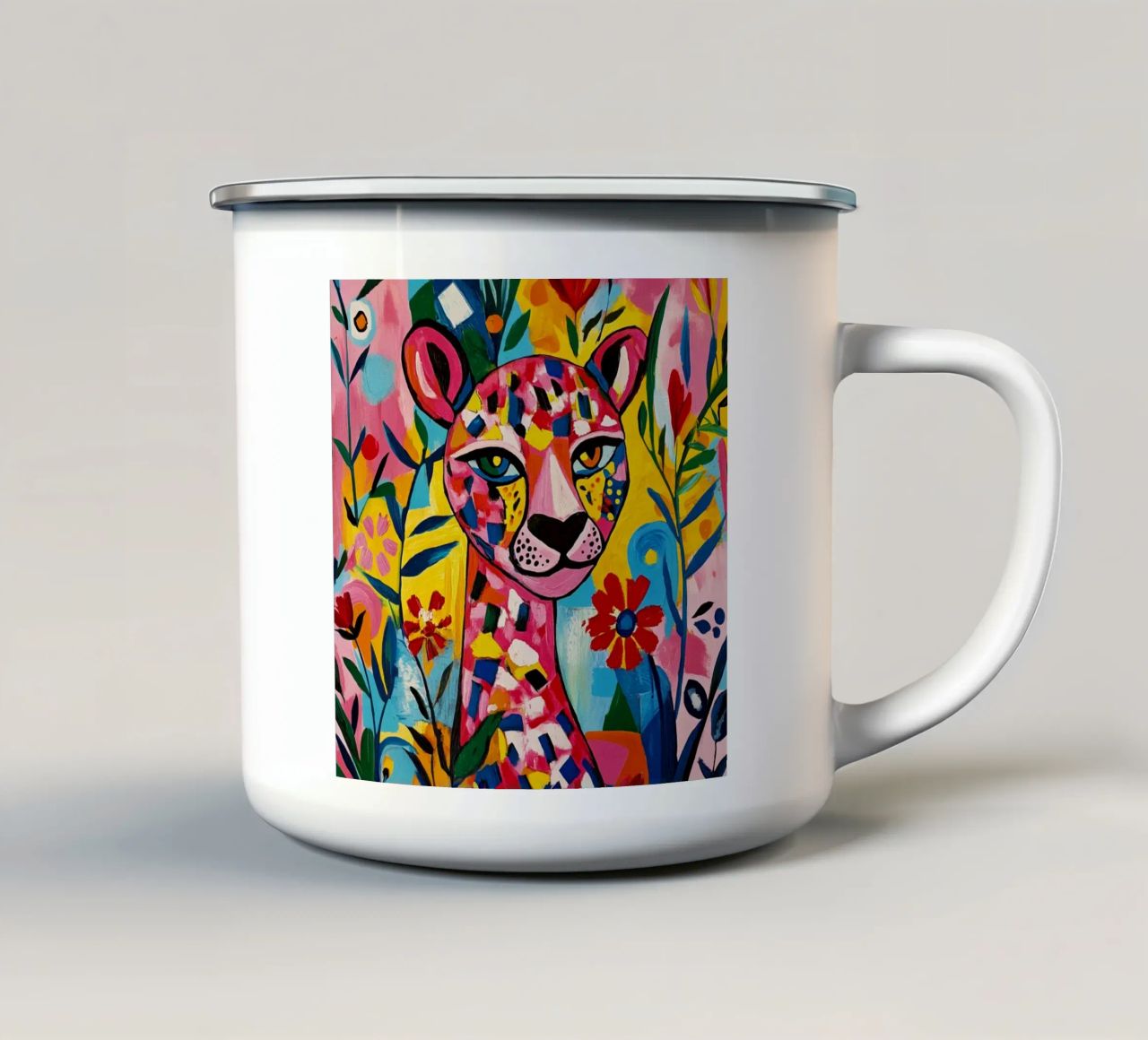 Tigre cubista in un giardino fiorito colorato tazza in smalto da Modern Muse