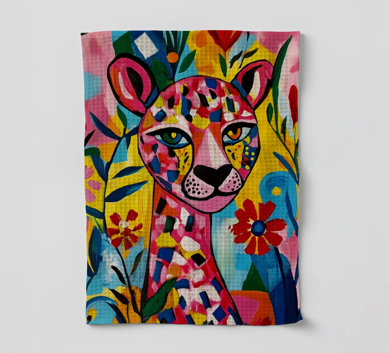Tigre cubiste dans un jardin de fleurs coloré torchon de Modern Muse