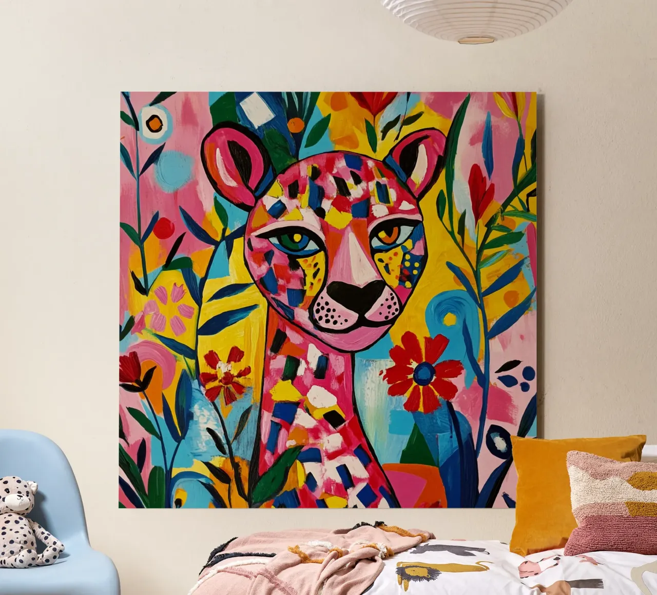 Tigre cubiste dans un jardin de fleurs coloré alu dibond de Modern Muse