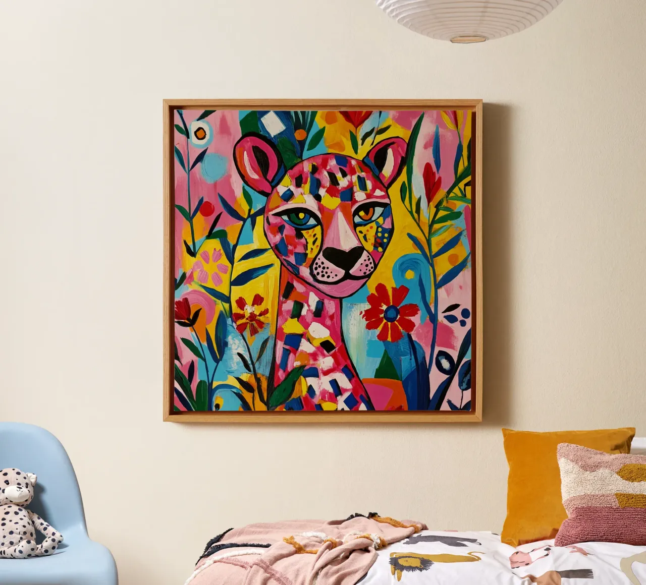 Tigre cubista in un giardino fiorito colorato tela con Cornice a cassetta da Modern Muse