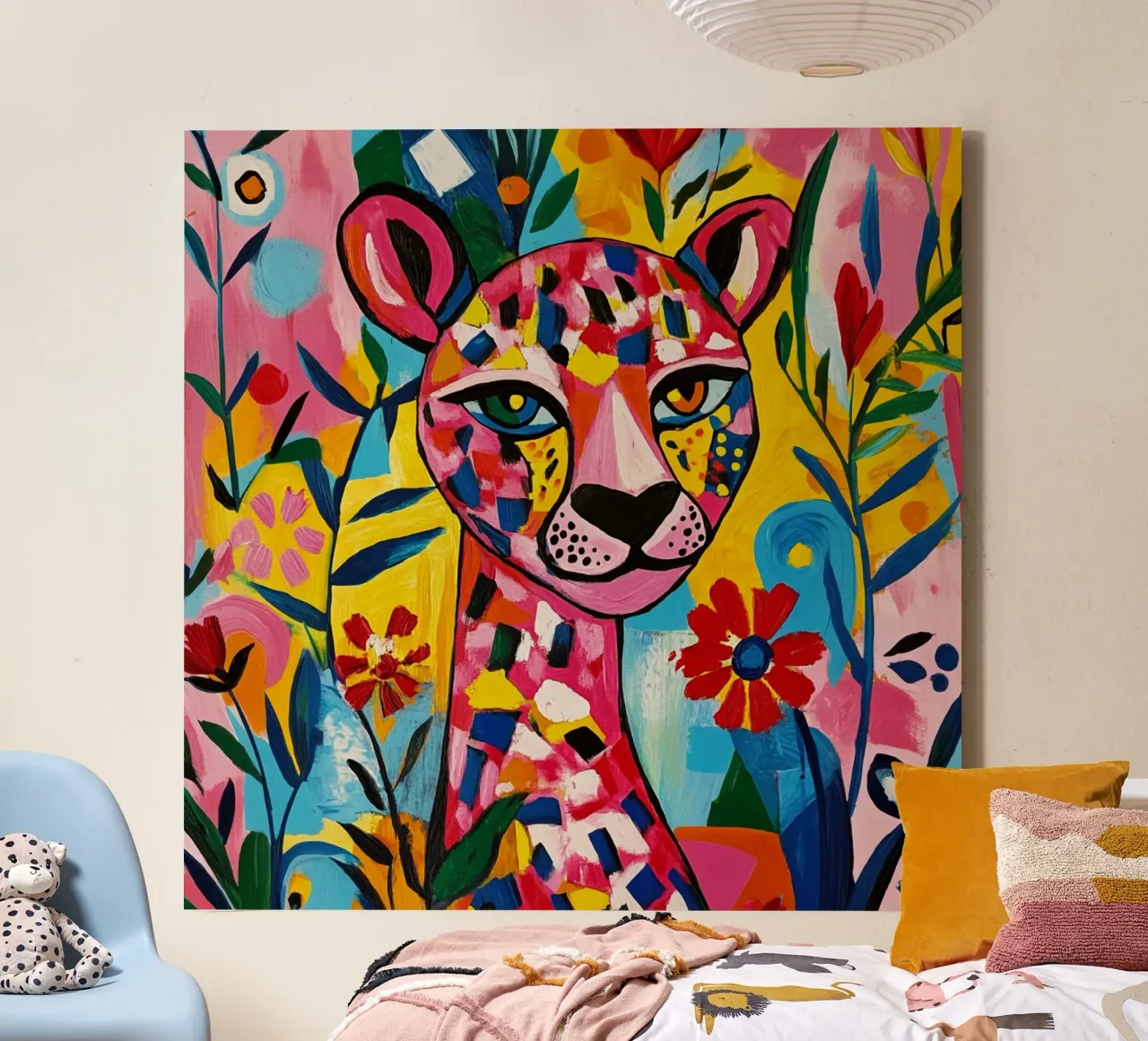 Tigre cubista in un giardino fiorito colorato tela con Cornice a cassetta da Modern Muse
