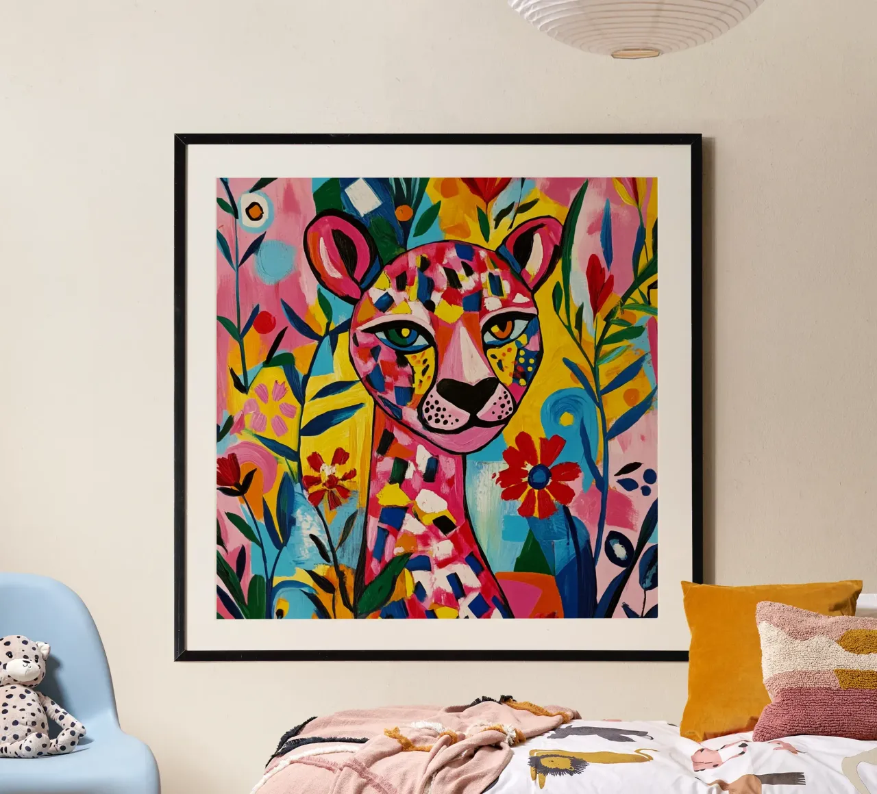 Tigre cubista in un giardino fiorito colorato poster con telaio in legno da Modern Muse