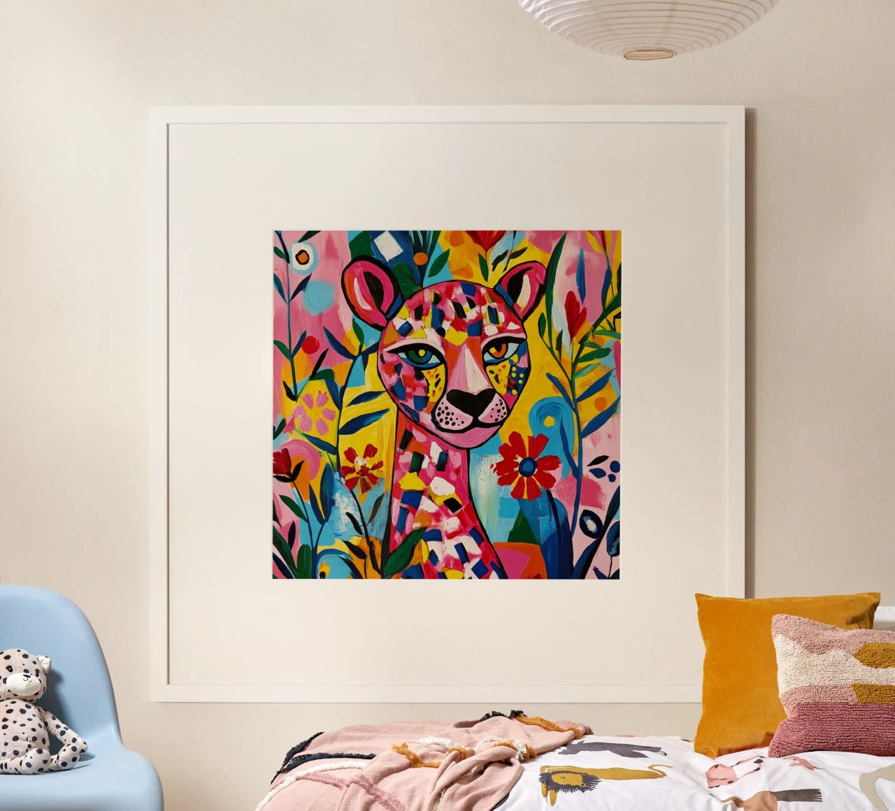 Kubistischer Tiger in einem bunten Blumengarten Poster von Modern Muse
