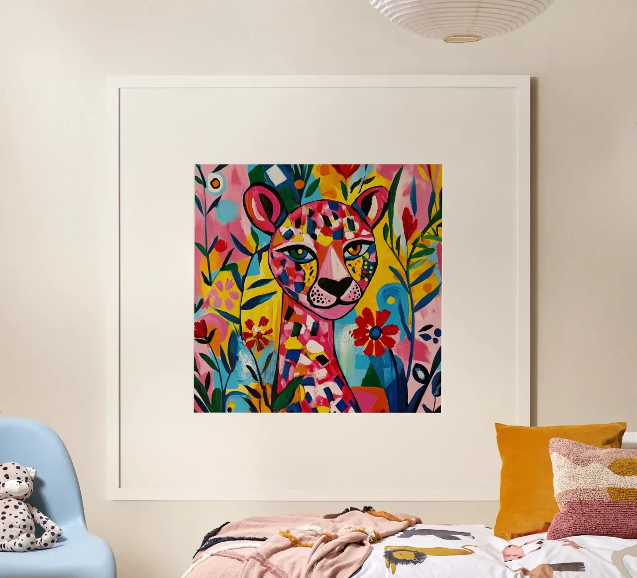 Tigre cubista in un giardino fiorito colorato poster con telaio in legno da Modern Muse