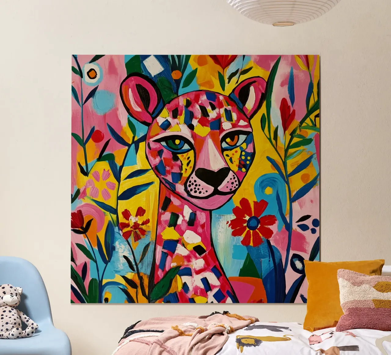 Tigre cubista in un giardino fiorito colorato poster con telaio in legno da Modern Muse