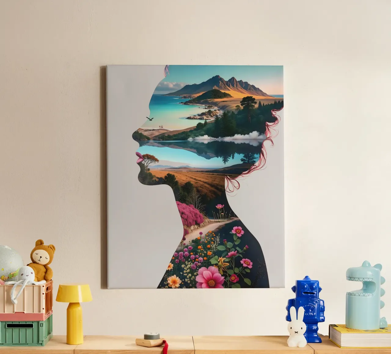 Natur in Doppelbelichtung Mutter Erde Grafik Leinwand mit Schattenfugenrahmen von 83oranges