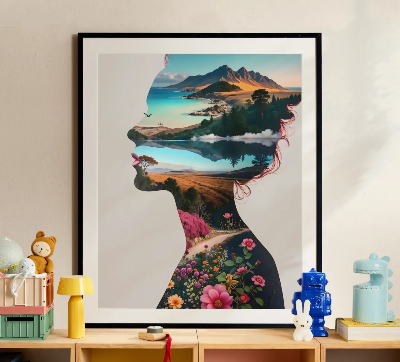 Natuur Binnen Dubbele Blootstelling Moeder Aarde Grafisch poster met houten frame van 83oranges