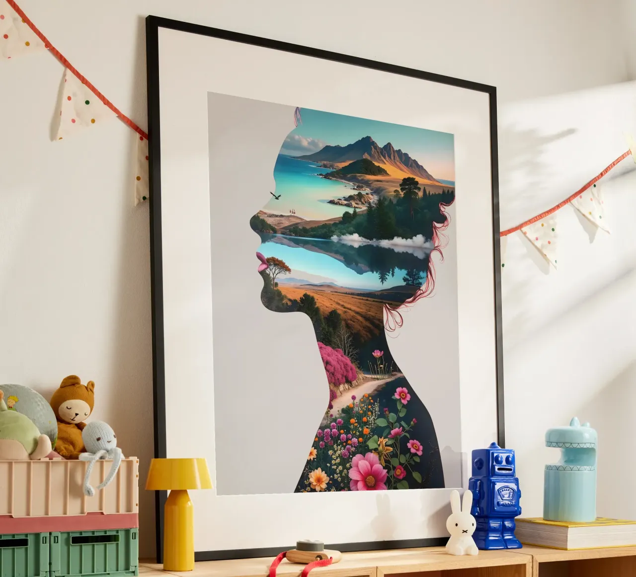 Natuur Binnen Dubbele Blootstelling Moeder Aarde Grafisch poster met houten frame van 83oranges