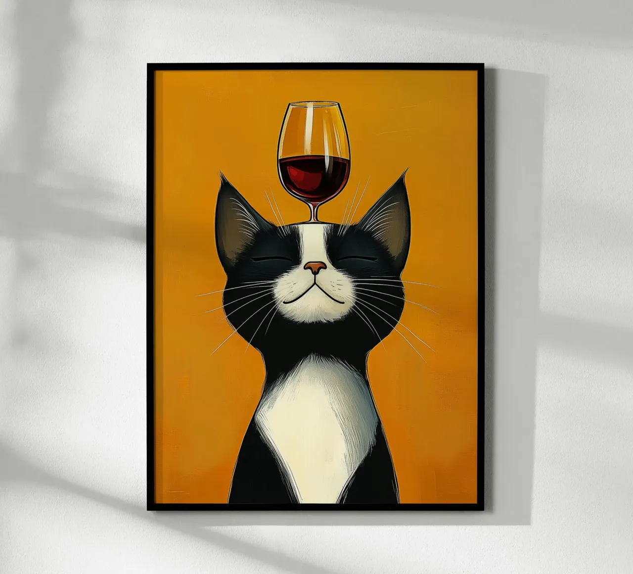 Gatto e bicchiere di vino poster con telaio in legno da Spice & Style