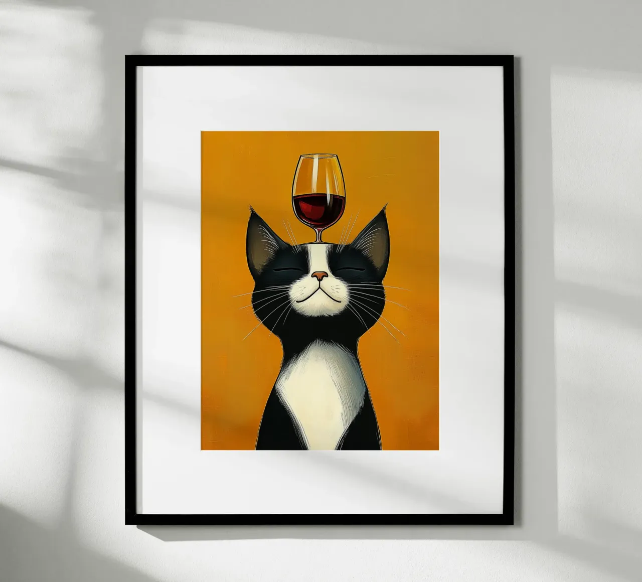 Gatto e bicchiere di vino poster con telaio in legno da Spice & Style