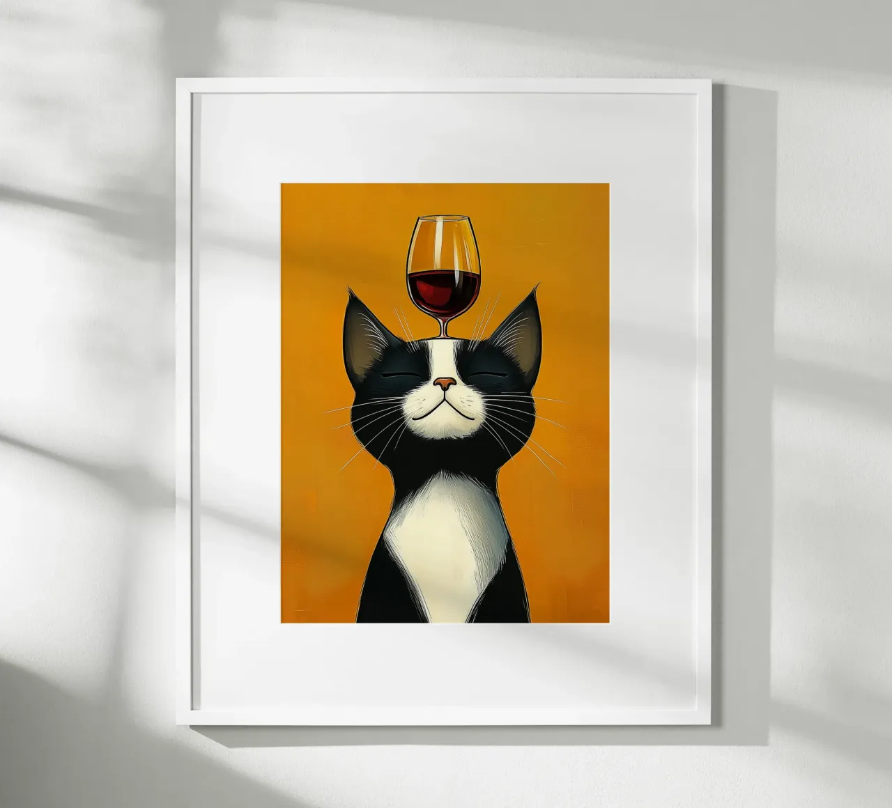 Gatto e bicchiere di vino poster con telaio in legno da Spice & Style