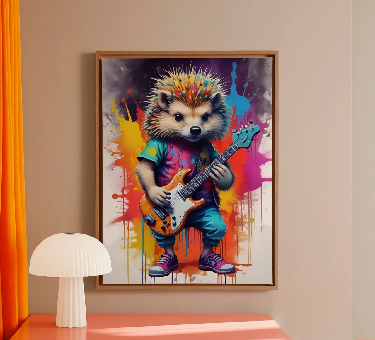 Kleiner Igel spielt die Gitarre Leinwand mit Schattenfugenrahmen von MakArena
