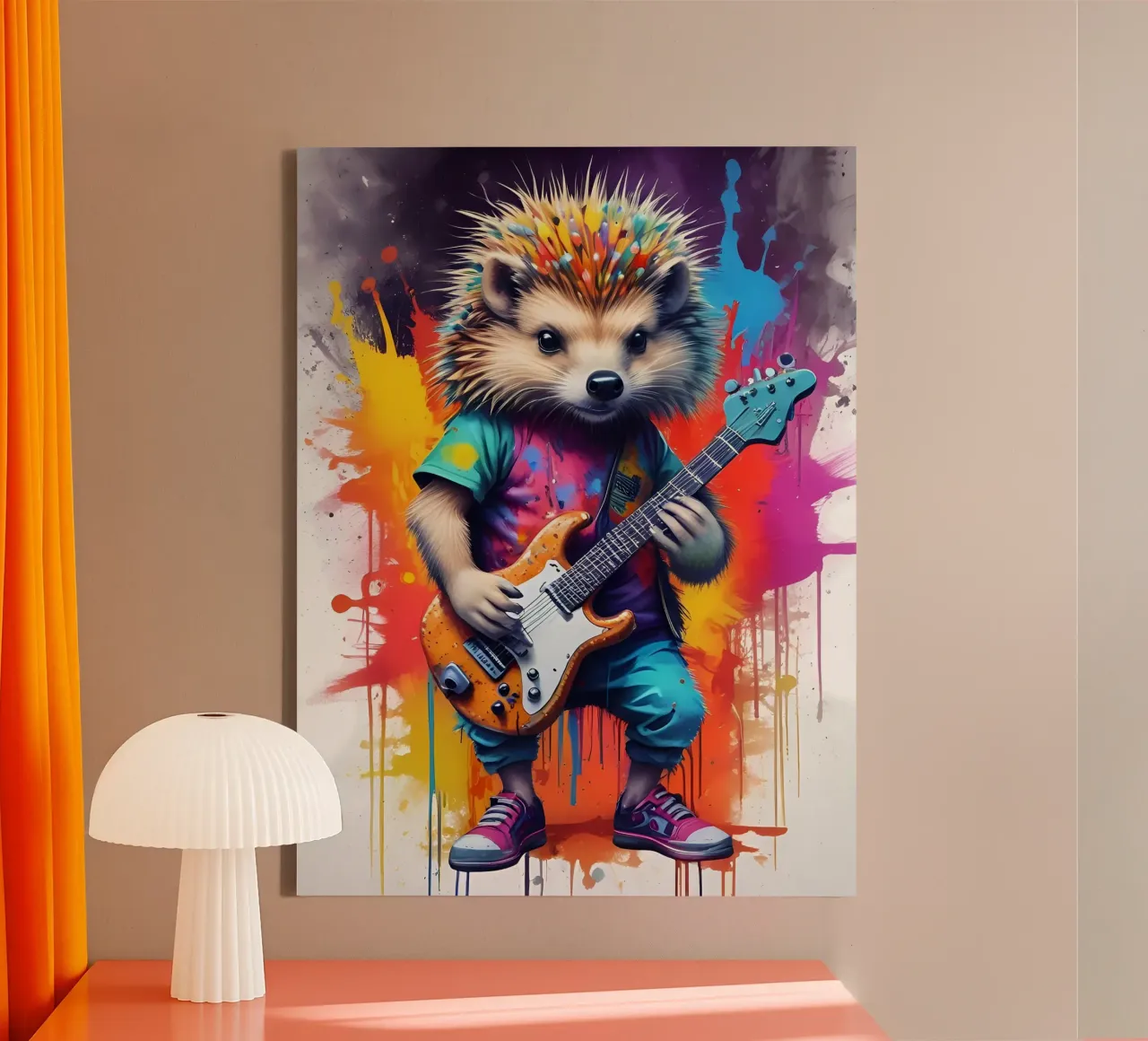 Kleiner Igel spielt die Gitarre Leinwand mit Schattenfugenrahmen von MakArena