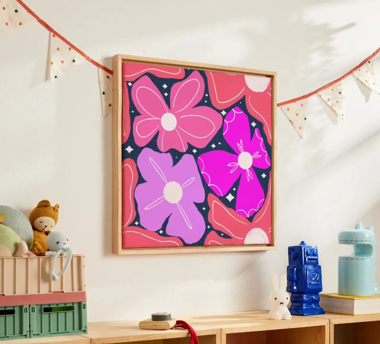 Groovy Petal Retro Garden Floral Pink - Audace modello Mid-Century Mod tela con Cornice a cassetta da susanacosta