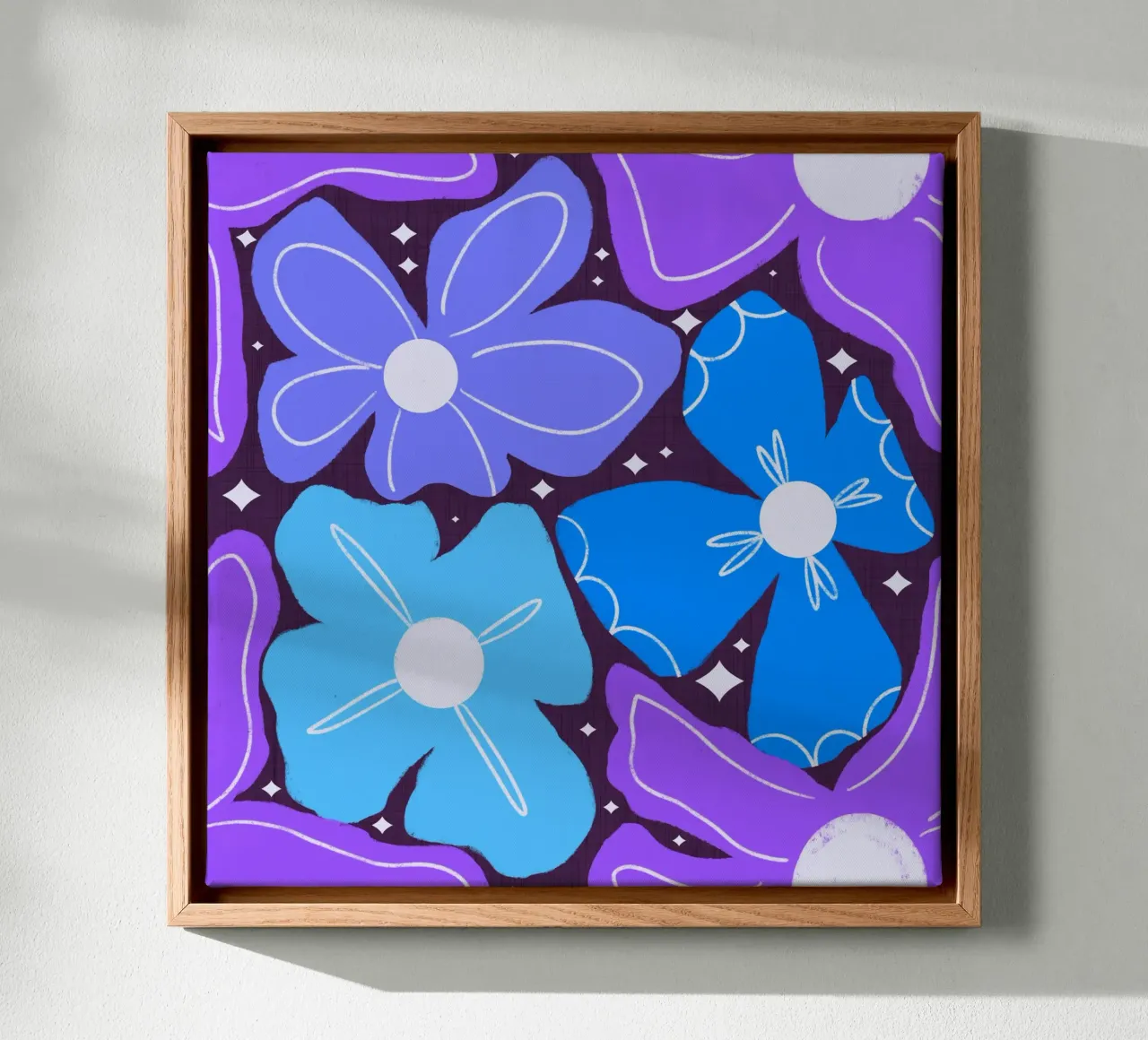 Groovy Petal Retro Garden Floral Blau - Bold Mid Century Mod Leinwand mit Schattenfugenrahmen von susanacosta