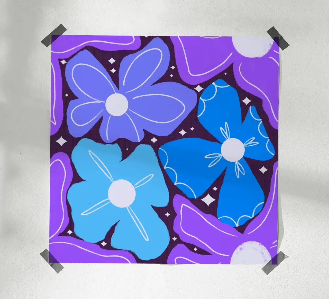 Groovy Petal Retro Tuin Bloemen Blauw - Stoer Mid Eeuw Mod poster met aluminium frame van susanacosta
