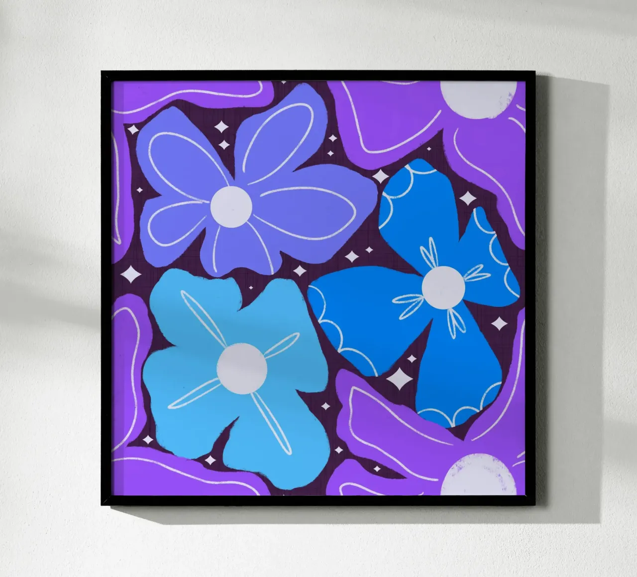 Groovy Petal Retro Tuin Bloemen Blauw - Stoer Mid Eeuw Mod poster met aluminium frame van susanacosta