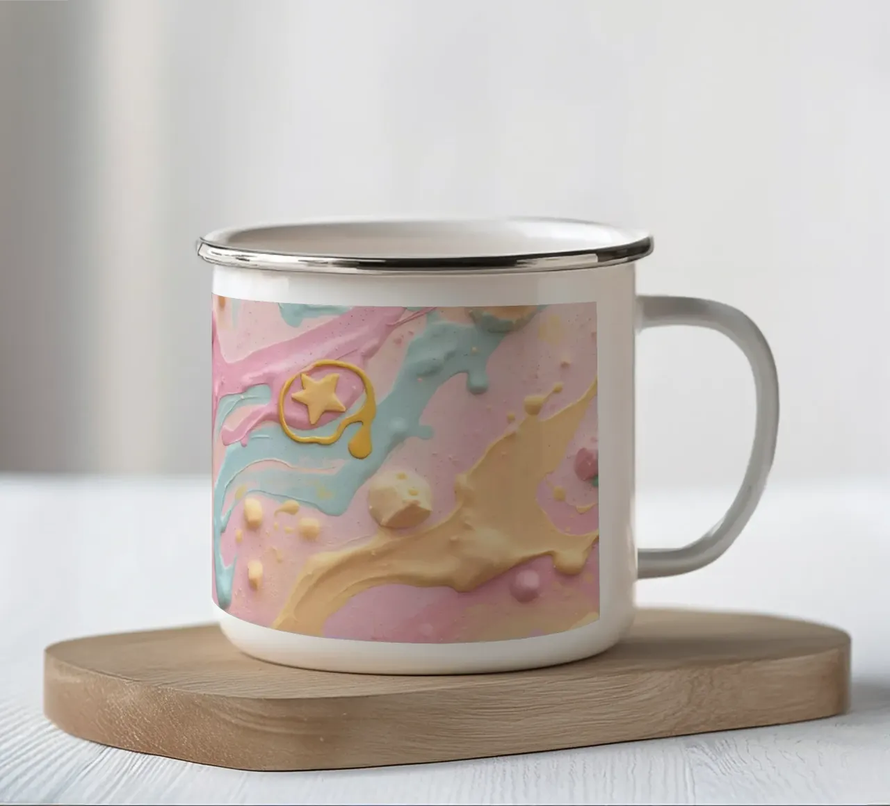 Luminoso sfondo astratto dai colori pastello e dalle forme giocose tazza in smalto da DesignDoodle