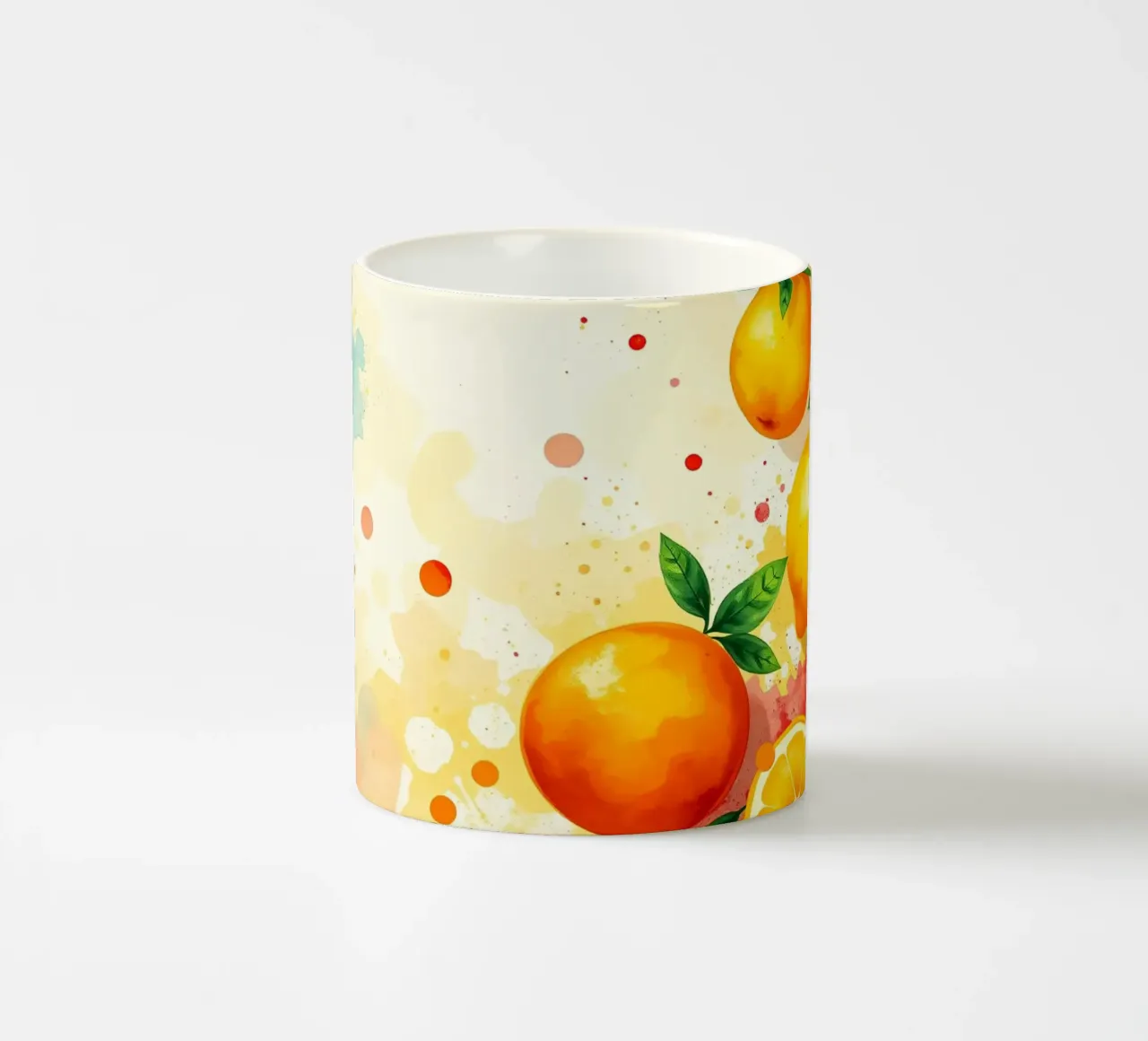 Composizione di frutta arancione con sfondo astratto ad acquerello tazza in ceramica da DesignDoodle