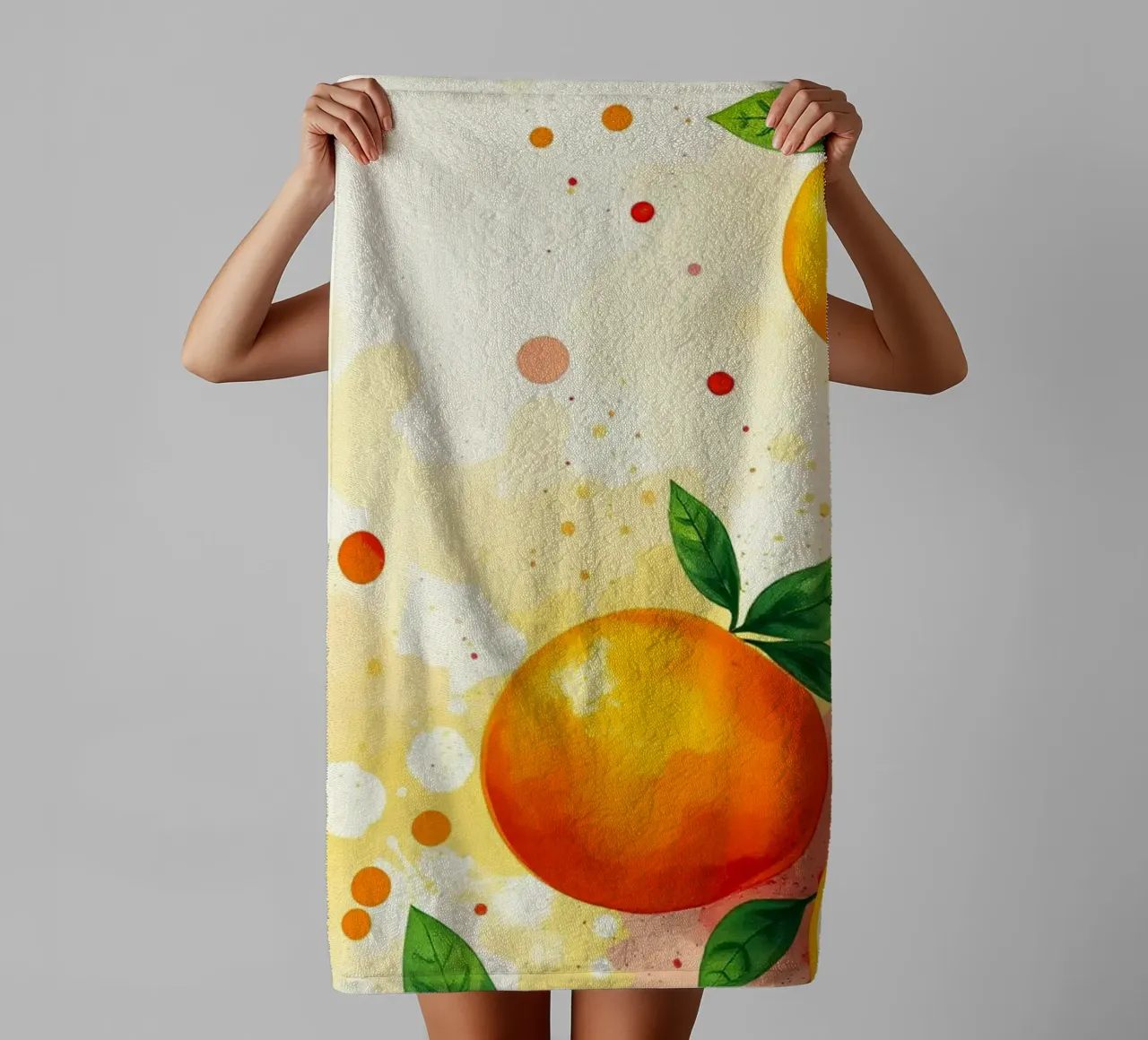 orange fruit arrangement with abstract watercolor background towel by DesignDoodle