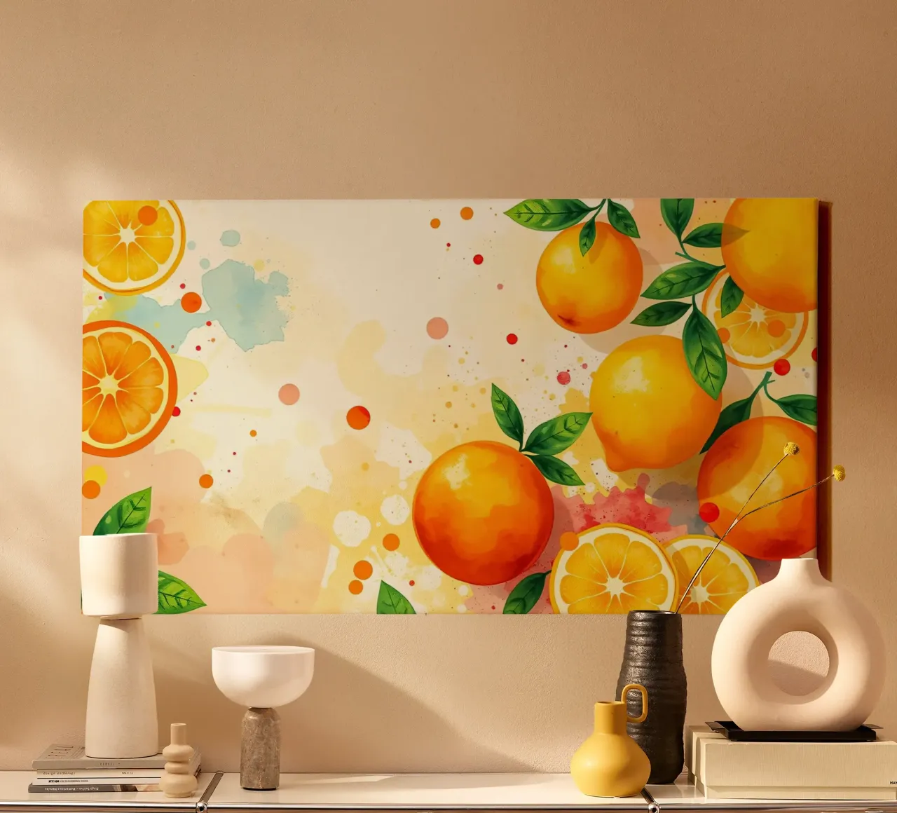 arrangement van sinaasappelvruchten met abstracte aquarelachtergrond canvas met Baklijst van DesignDoodle