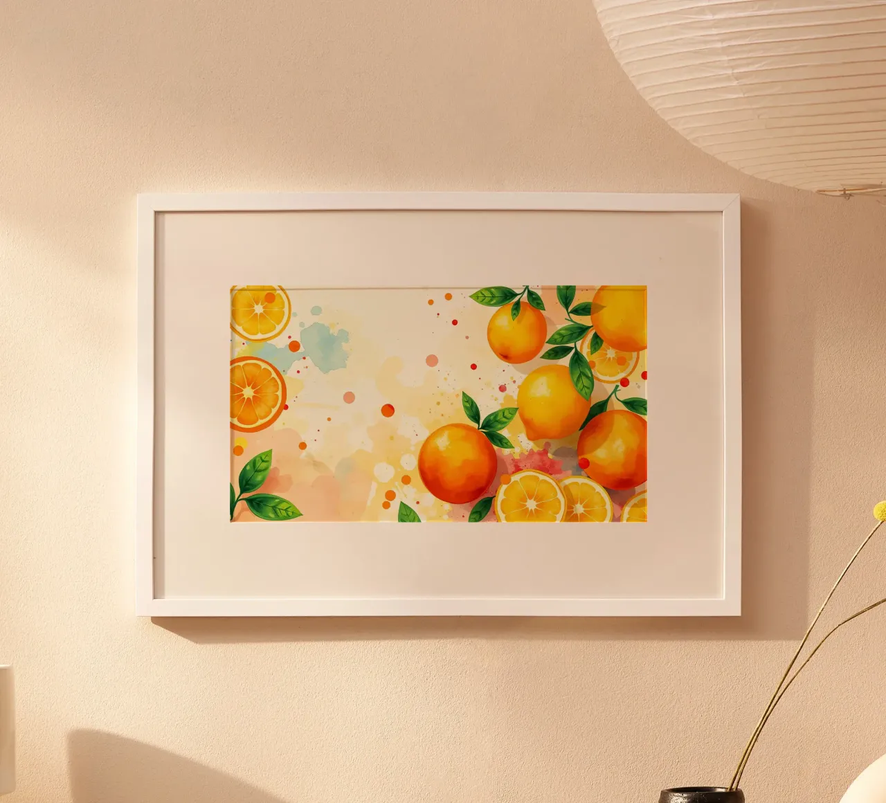Composizione di frutta arancione con sfondo astratto ad acquerello poster da DesignDoodle