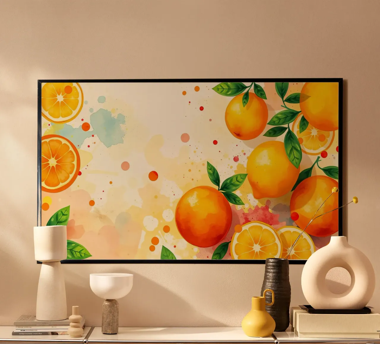 Composizione di frutta arancione con sfondo astratto ad acquerello poster da DesignDoodle