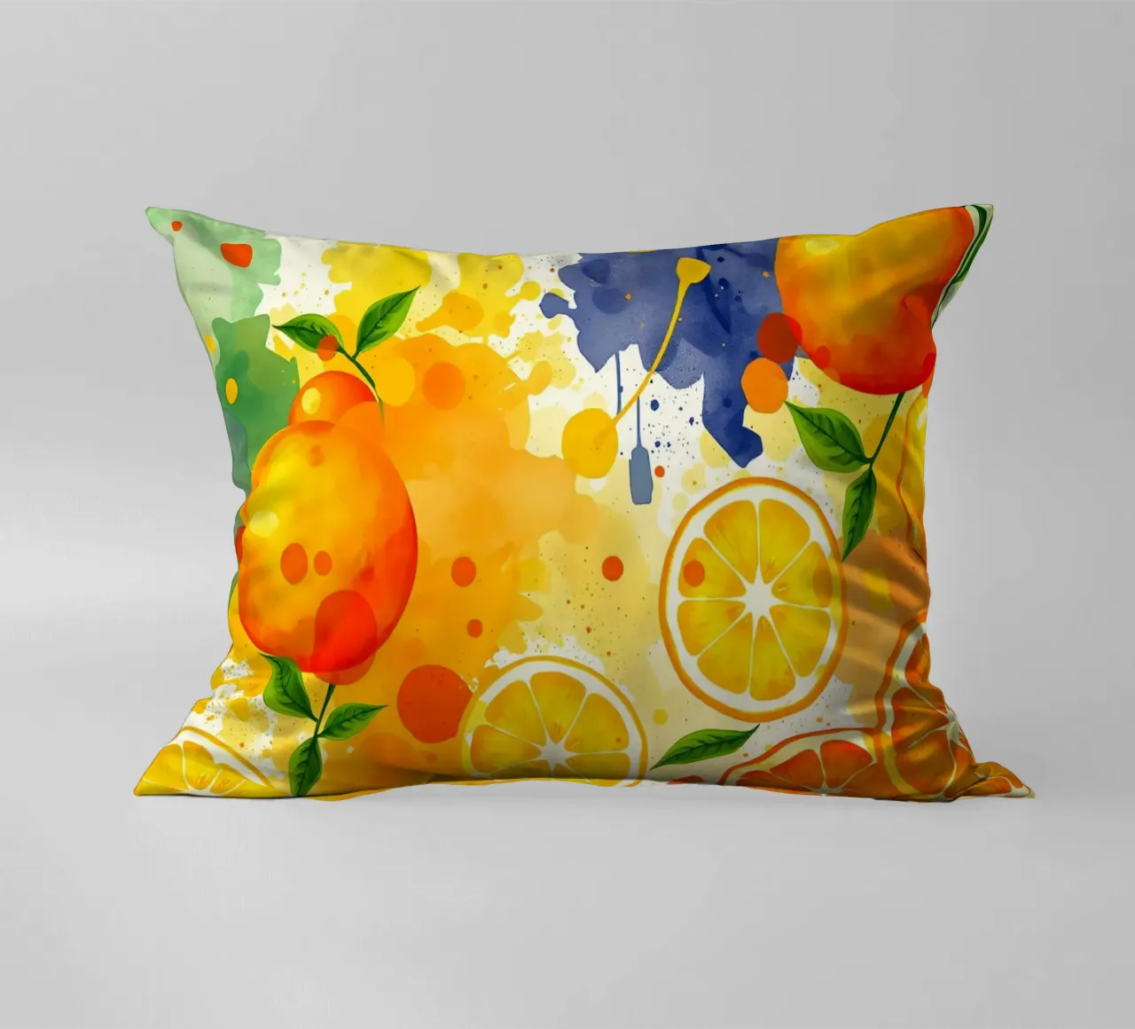 abstract design featuring oranges, lemons, and splashes decorative cushion by DesignDoodle