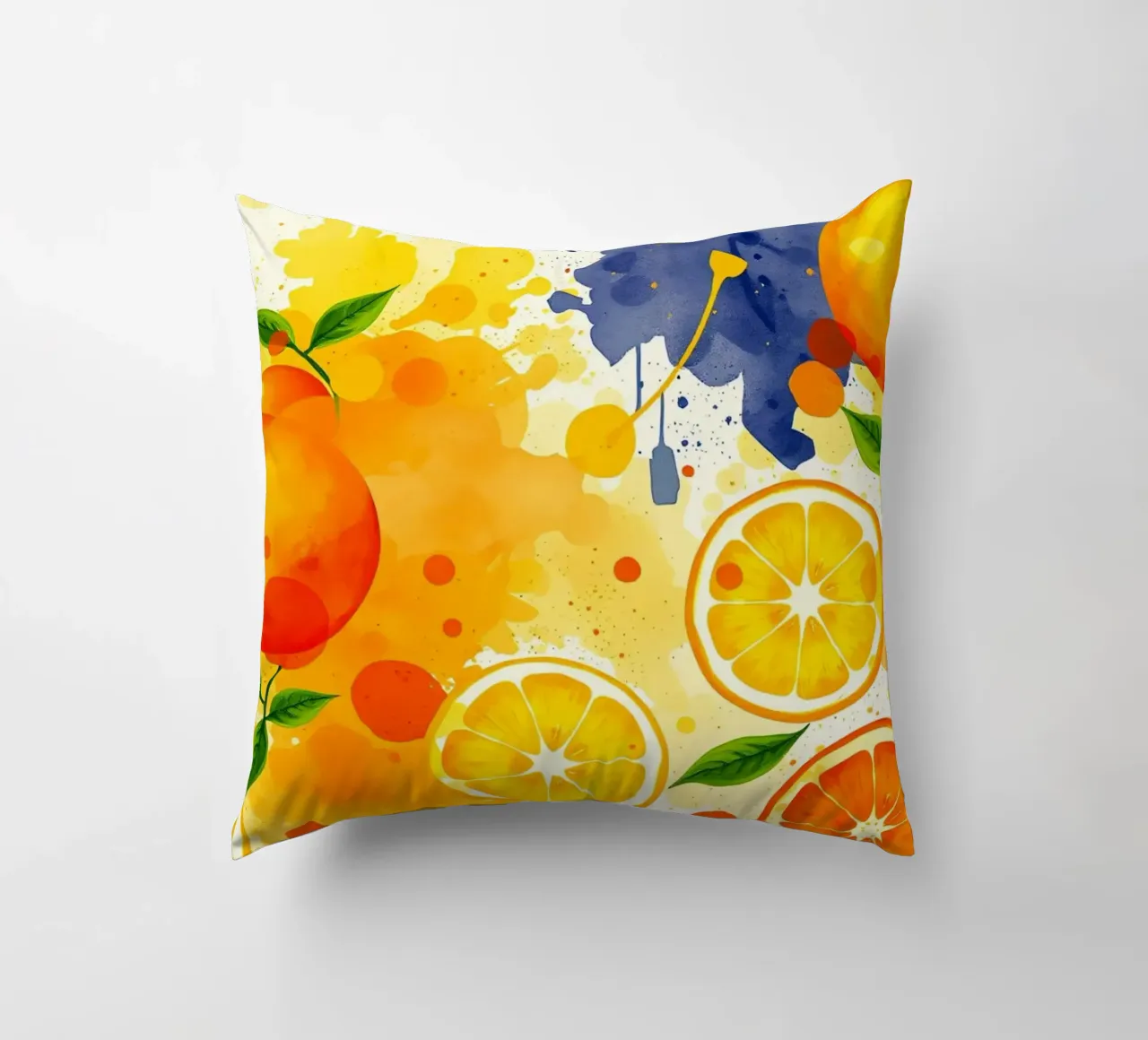 abstract design featuring oranges, lemons, and splashes decorative cushion by DesignDoodle