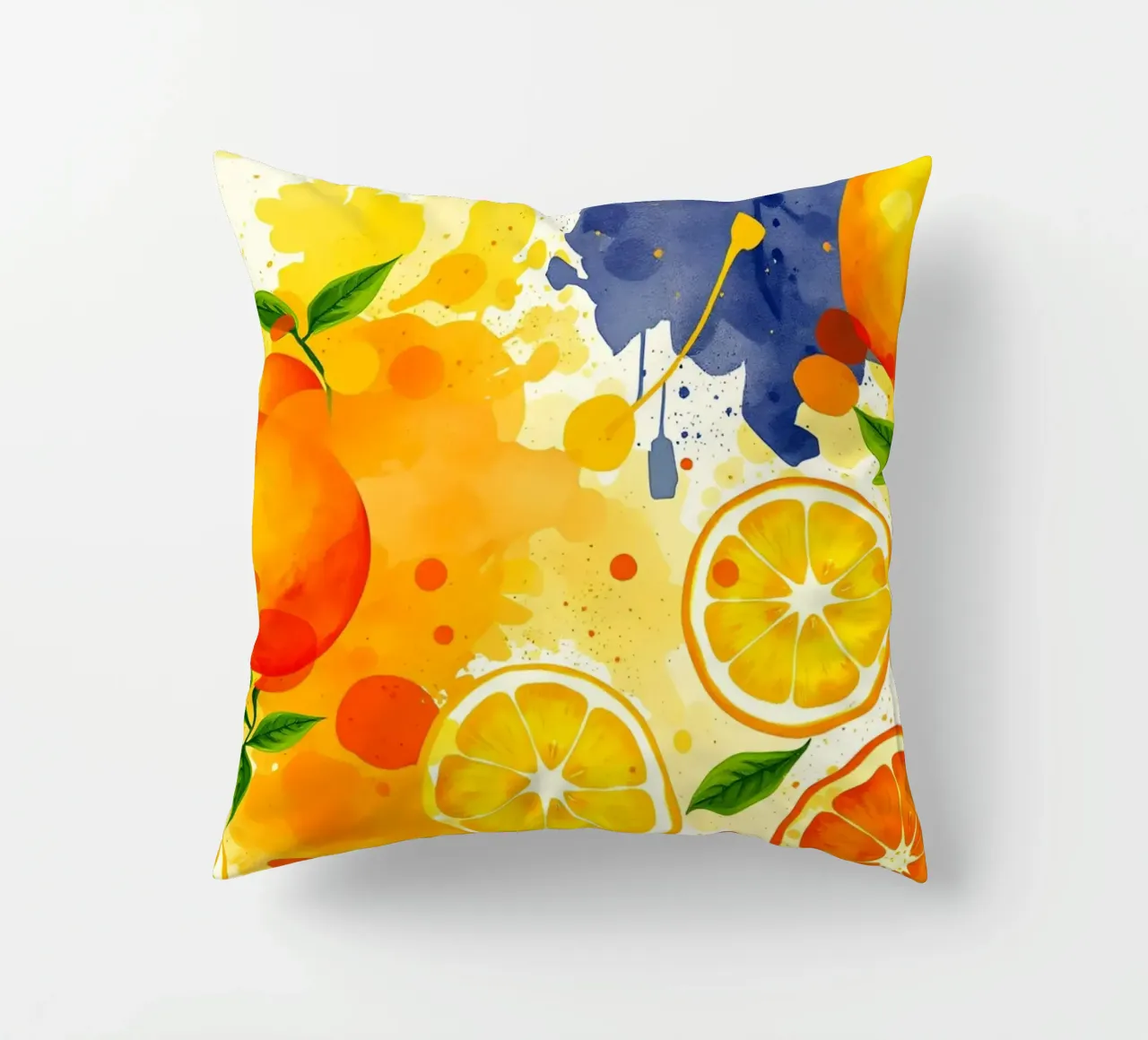 abstract design featuring oranges, lemons, and splashes decorative cushion by DesignDoodle