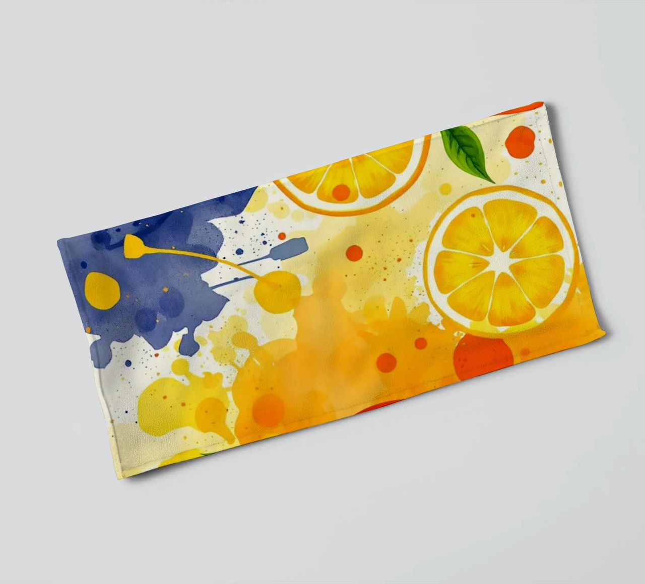 abstract design featuring oranges, lemons, and splashes towel by DesignDoodle