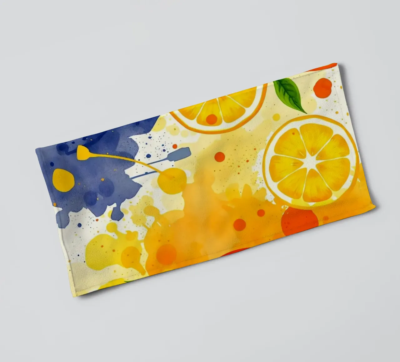 dessin abstrait représentant des oranges, des citrons et des éclaboussures serviette de bain de DesignDoodle