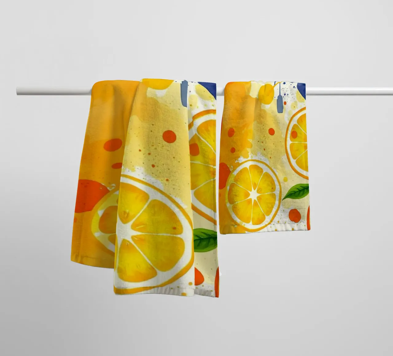 abstract design featuring oranges, lemons, and splashes towel by DesignDoodle