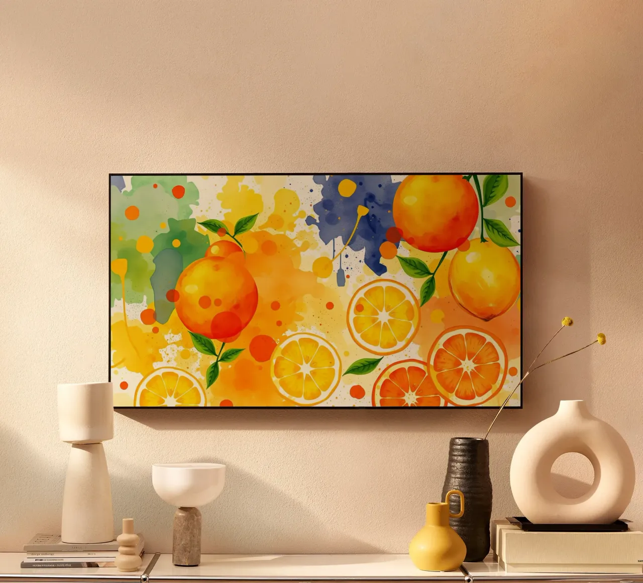 abstract design featuring oranges, lemons, and splashes alu-dibond by DesignDoodle