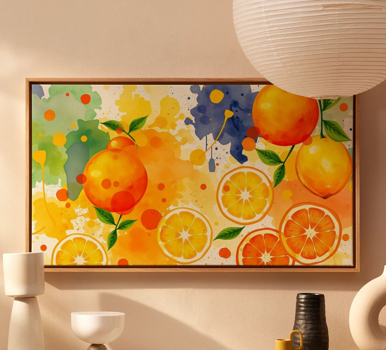 abstract design featuring oranges, lemons, and splashes canvas by DesignDoodle