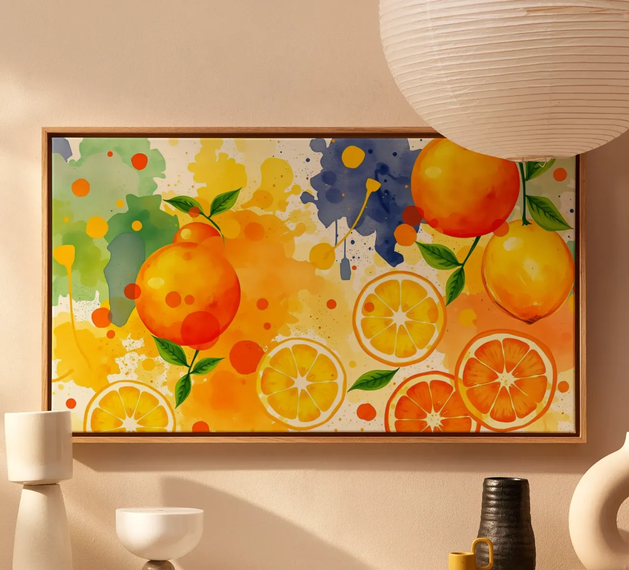 abstract ontwerp met sinaasappels, citroenen en spatten canvas van DesignDoodle