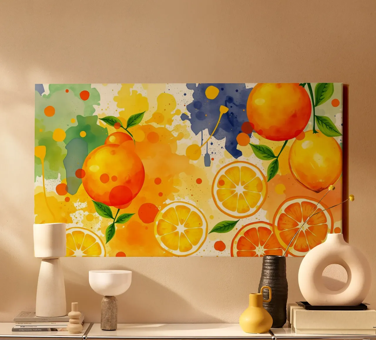 abstract design featuring oranges, lemons, and splashes canvas by DesignDoodle