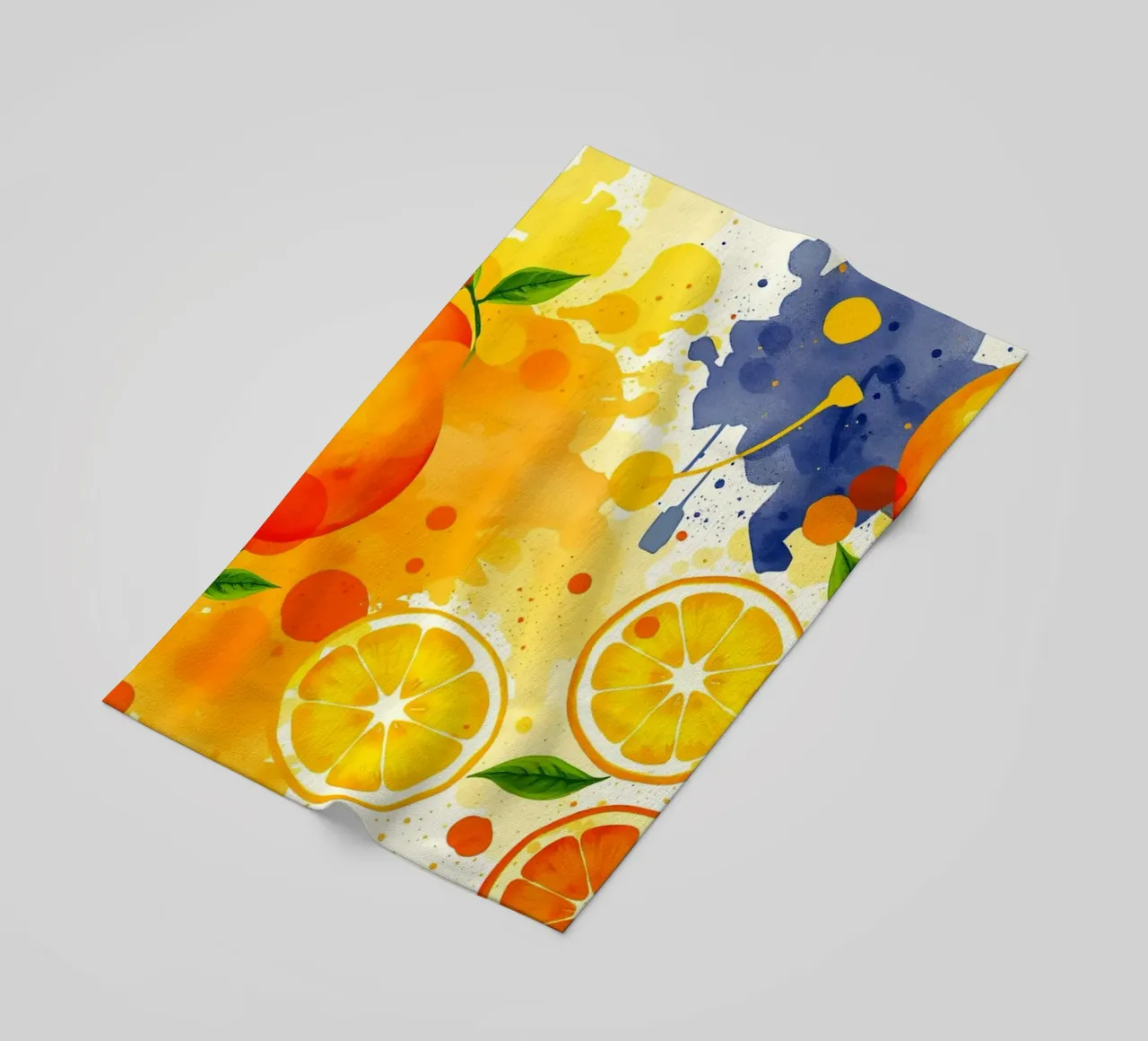 abstract design featuring oranges, lemons, and splashes beach towel by DesignDoodle