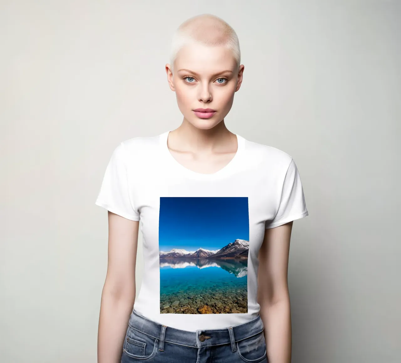 view of a serene lake surrounded by snow-capped mountains women's fitted t-shirt by DesignDoodle
