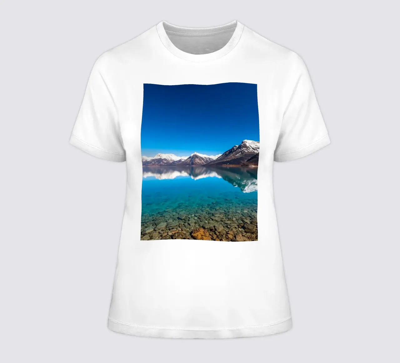 view of a serene lake surrounded by snow-capped mountains women's fitted t-shirt by DesignDoodle