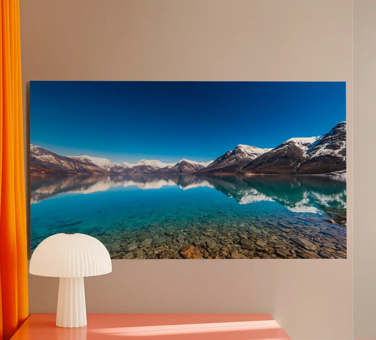 view of a serene lake surrounded by snow-capped mountains alu-dibond by DesignDoodle