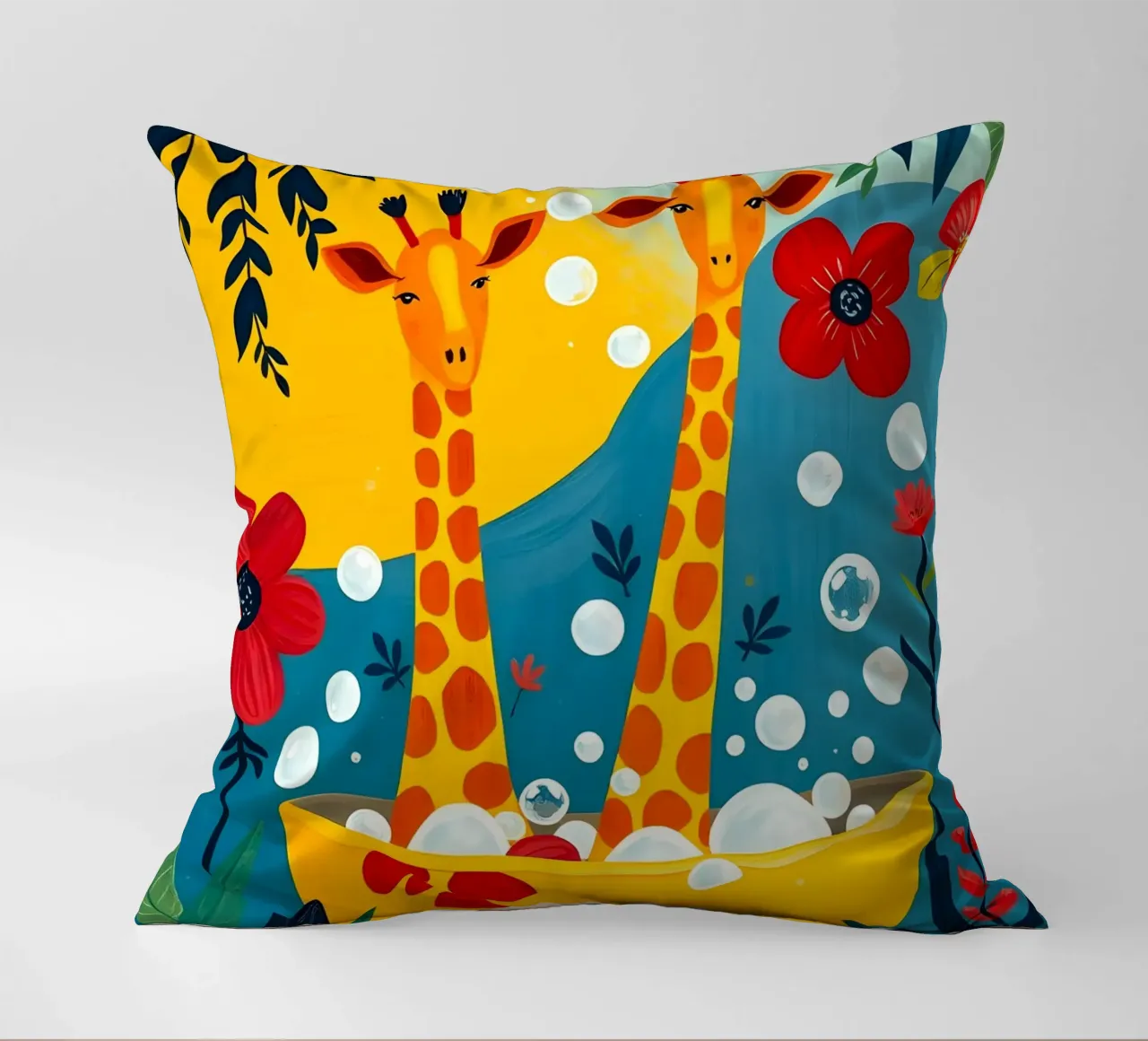 GIRAFFES IN BATH decorative cushion by ARTOMATIC