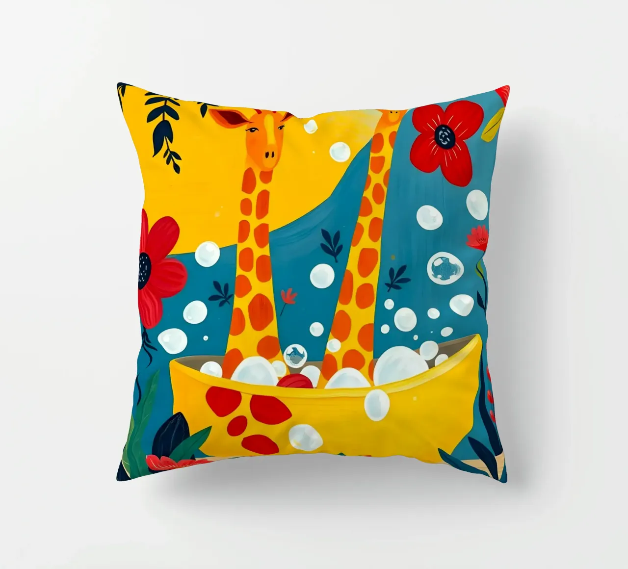 GIRAFFES IN BATH decorative cushion by ARTOMATIC