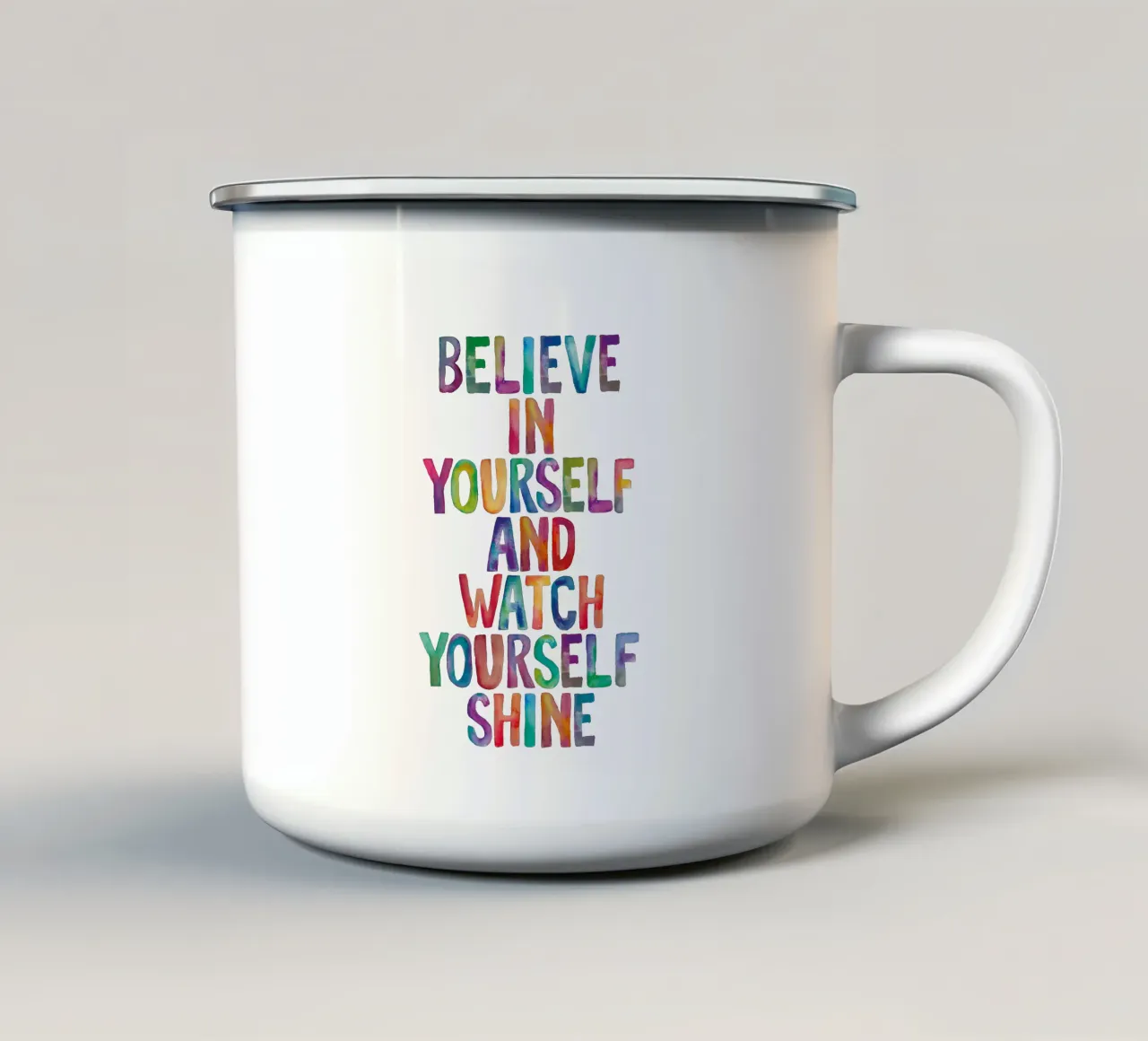 Credi in te stesso e guardati brillare Lettere arcobaleno tazza in smalto da THE MOTIVATED TYPE