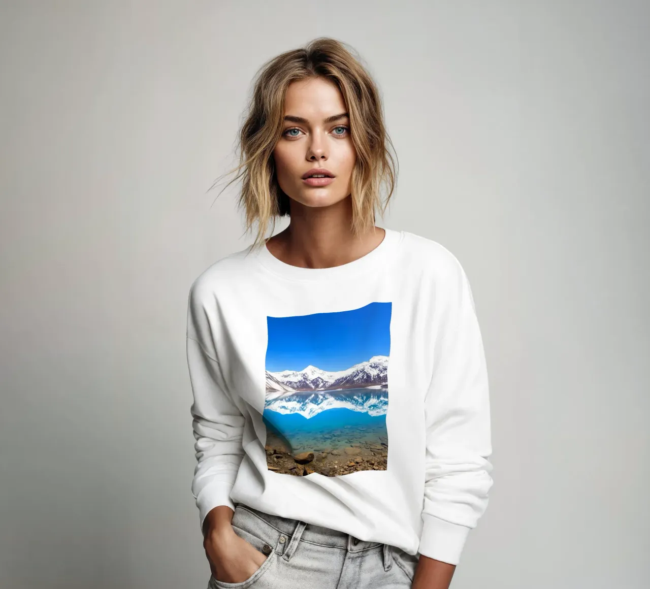 Beautiful mountain landscape with crystal clear lake reflect sweatshirt by DesignDoodle