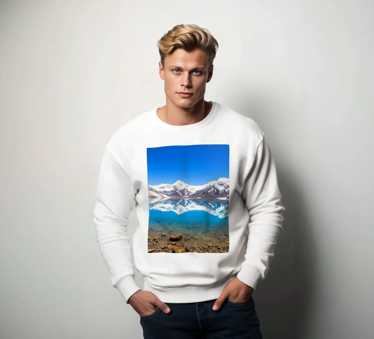 Beautiful mountain landscape with crystal clear lake reflect sweatshirt by DesignDoodle
