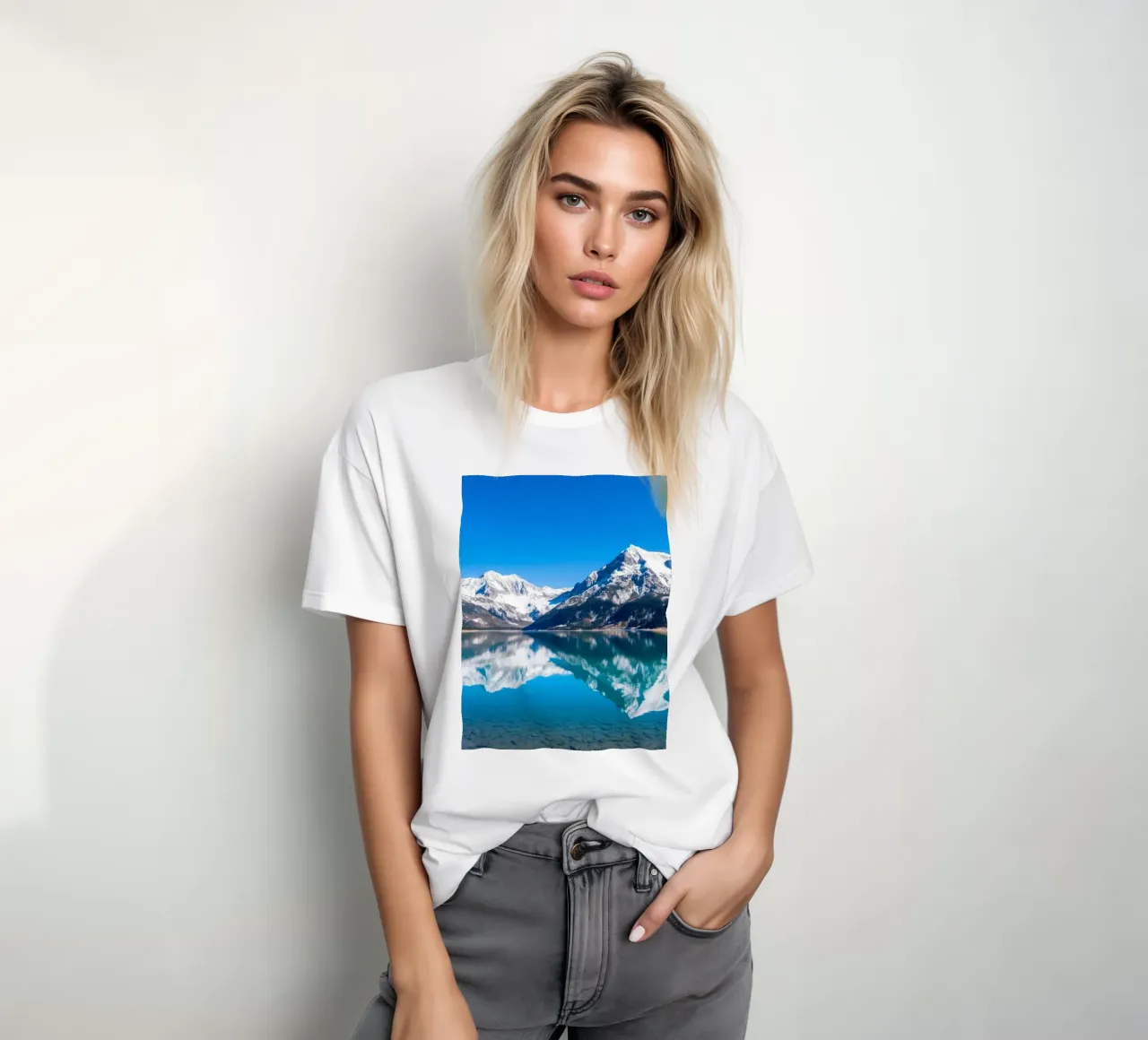 Riflesso stupefacente di montagne innevate in un ambiente tranquillo. t-shirt da DesignDoodle