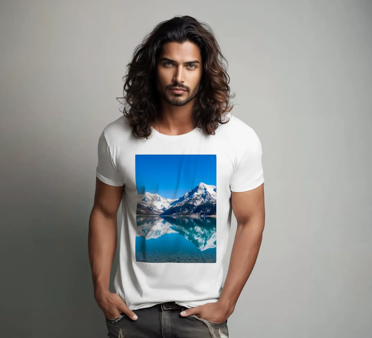 Riflesso stupefacente di montagne innevate in un ambiente tranquillo. t-shirt da DesignDoodle