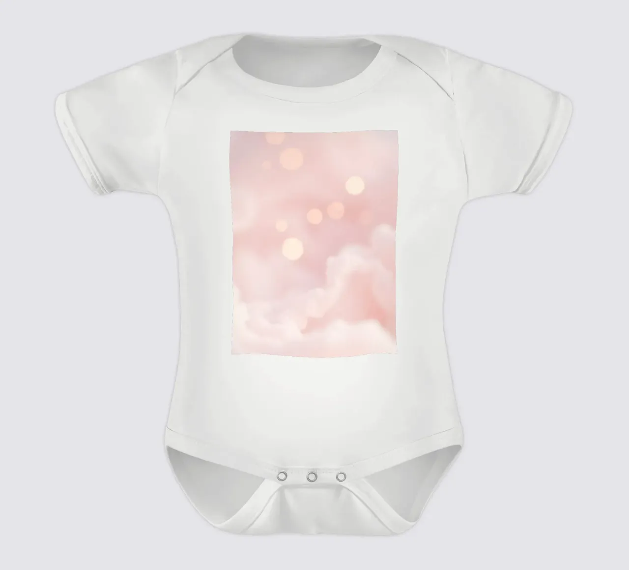 Soft pink abstract background with fluffy clouds and gentle short-sleeve baby romper by DesignDoodle