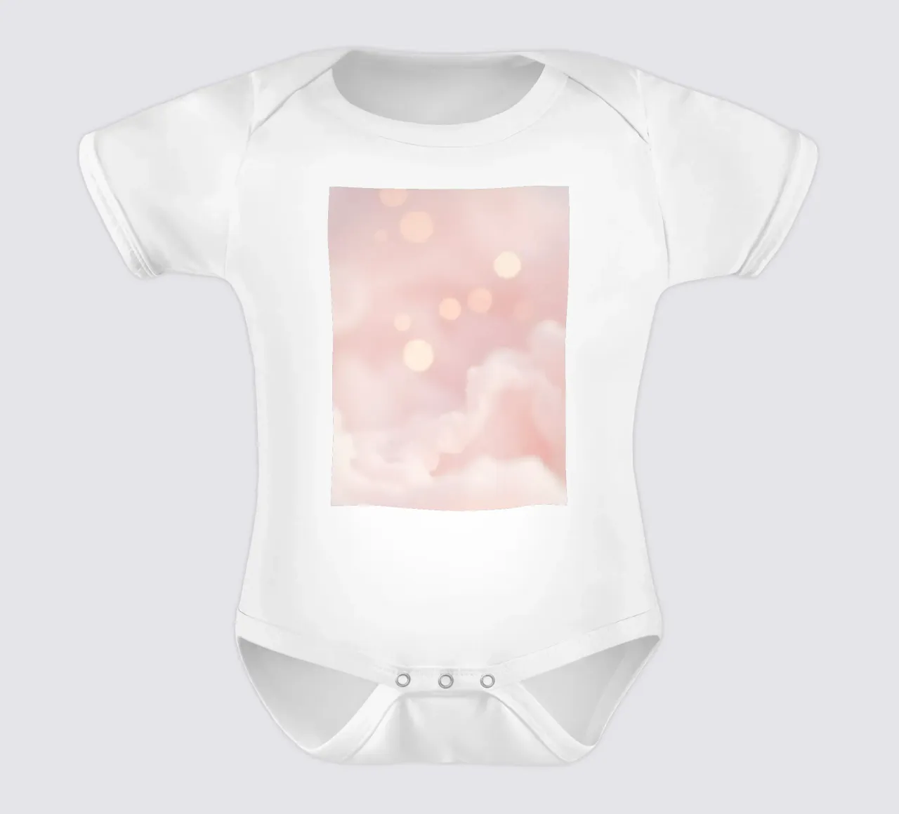 Soft pink abstract background with fluffy clouds and gentle short-sleeve baby romper by DesignDoodle